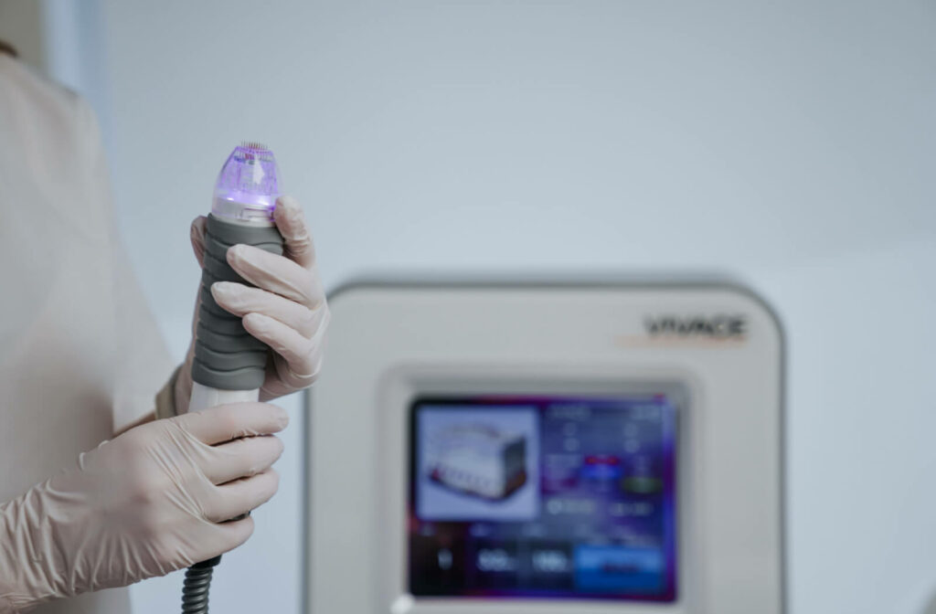 An aesthetic professional is setting up the RF Microneedling machine in preparation for the upcoming procedure.