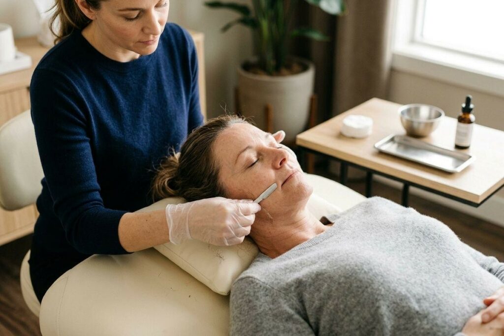 Esthetician using a small tool on the cheek of a reclining adult during a facial treatment in a spa room.